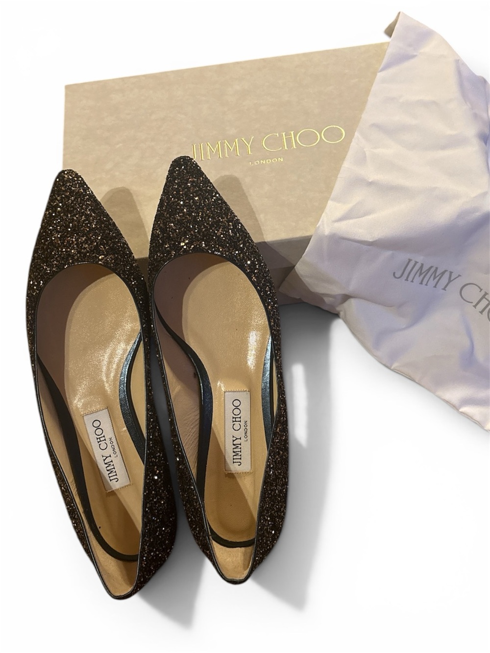 Jimmy Choo Women's Black Glitter Pointed Toe Romy Flats size 39 1/2 NWT’s & box!